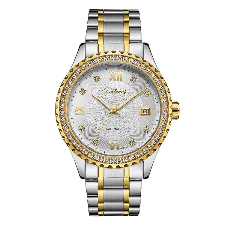 Fashionmonger men's automatic mechanical wristwatch with luminous hands on a metal bracelet.