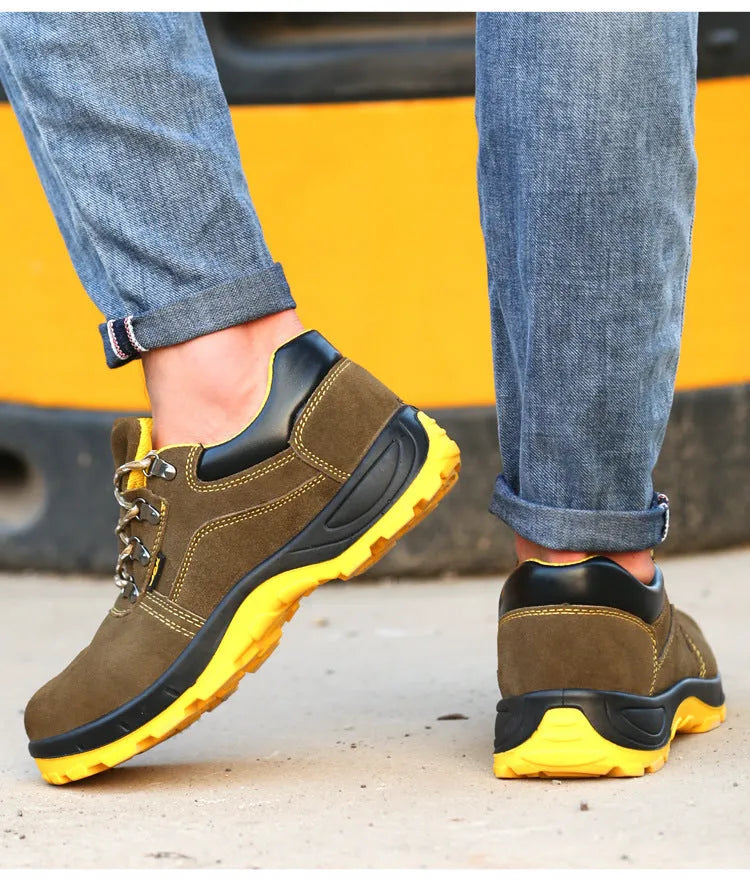 Bronze cow suede steel toe safety shoes with anti-smash protection and solid rubber sole