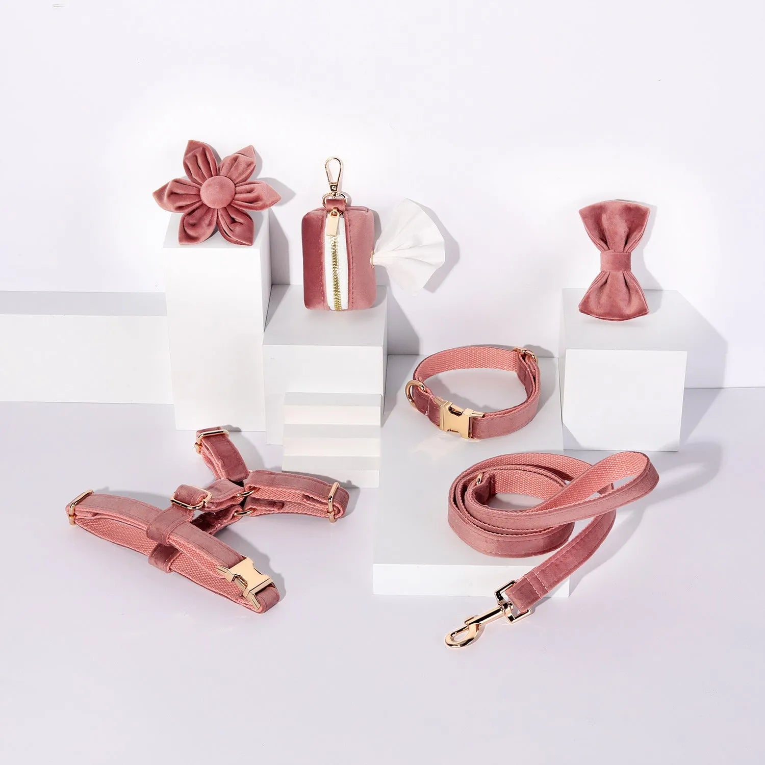 Classic velvet pet collar and traction rope harness set with decorative bow tie and flower for dogs and cats