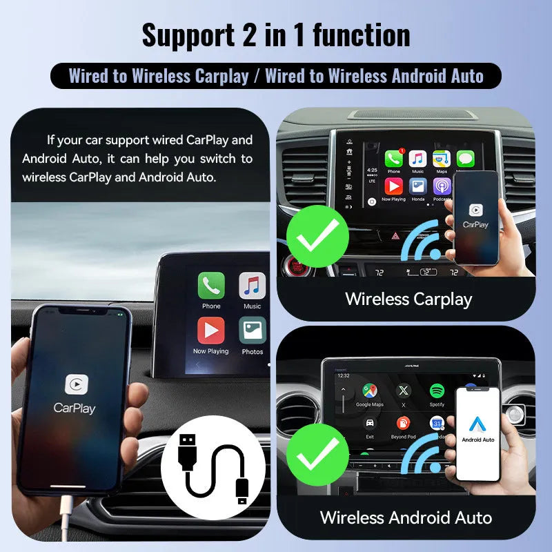 Black mini wireless CarPlay USB adapter showing compact 26×55×13mm dimensions with USB connector