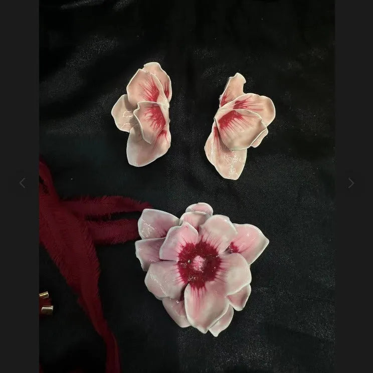 Alloy flower stud earrings with oil-spot glaze finish in blue, green, purple and rose colours