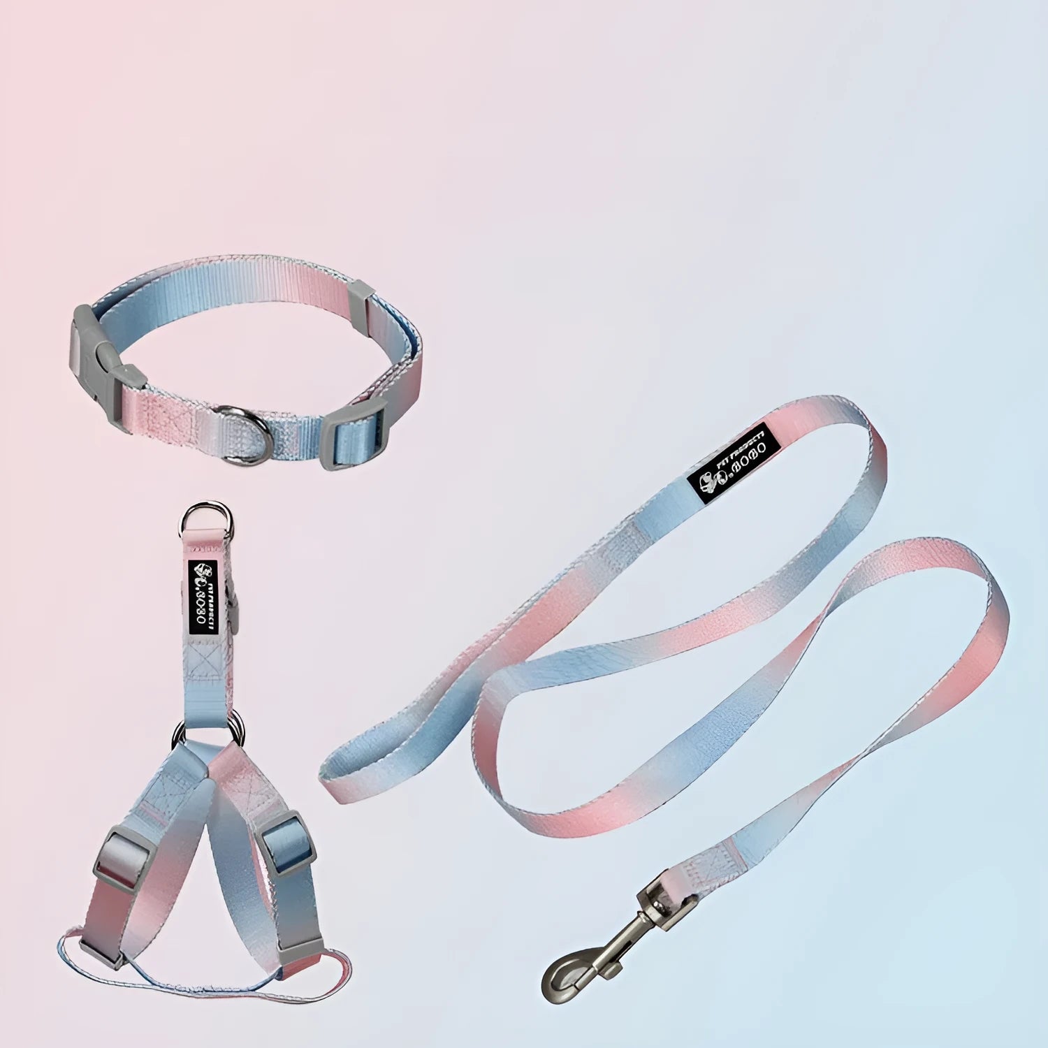 Gradient colour nylon dog leash set with matching collar in pink-blue combination