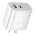 White dual port Australian standard wall charger with USB-A and USB-C ports, 63x40x22mm