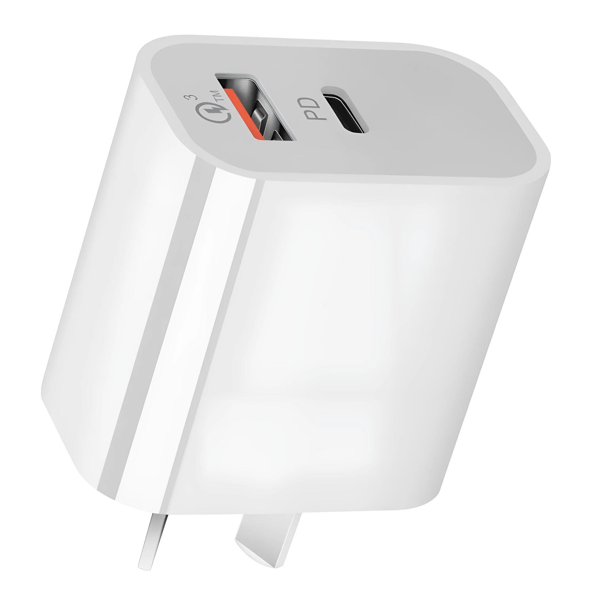 White dual port Australian standard wall charger with USB-A and USB-C ports, 63x40x22mm