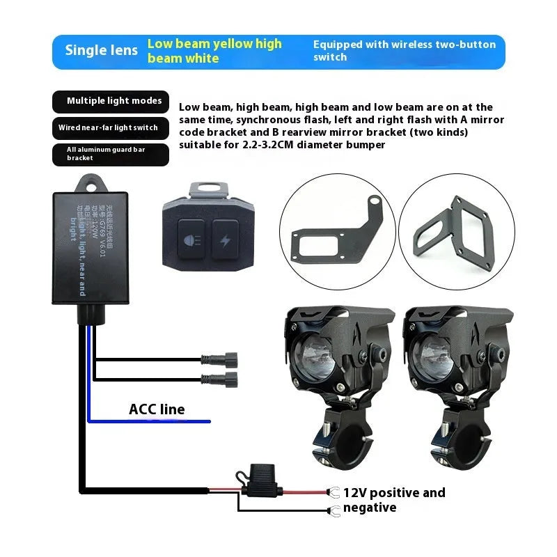Motorcycle LED spotlight pair with integrated far and near beams and multiple switch options