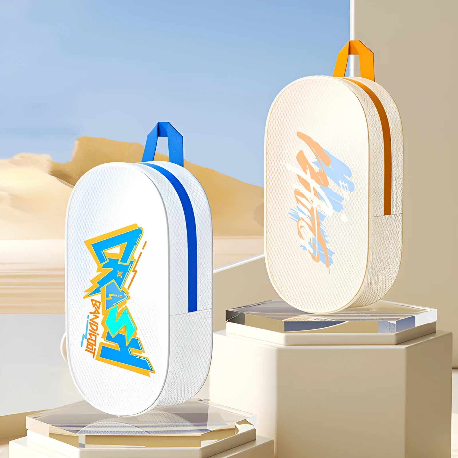 Waterproof EVA swimming storage bag shown in orange, available in small 3L and large 7L capacities.