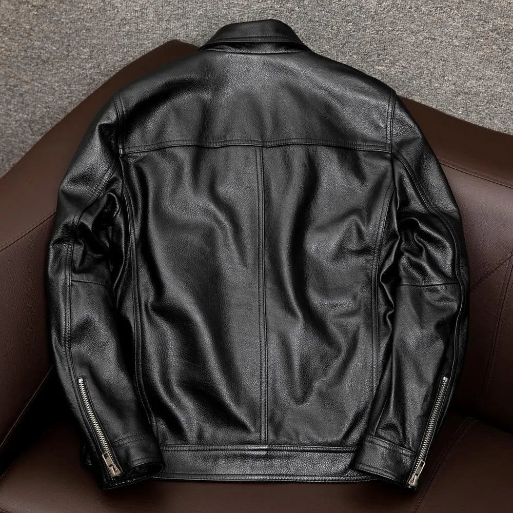 Men's plus size black retro lapel leather jacket with side pockets on a mannequin.