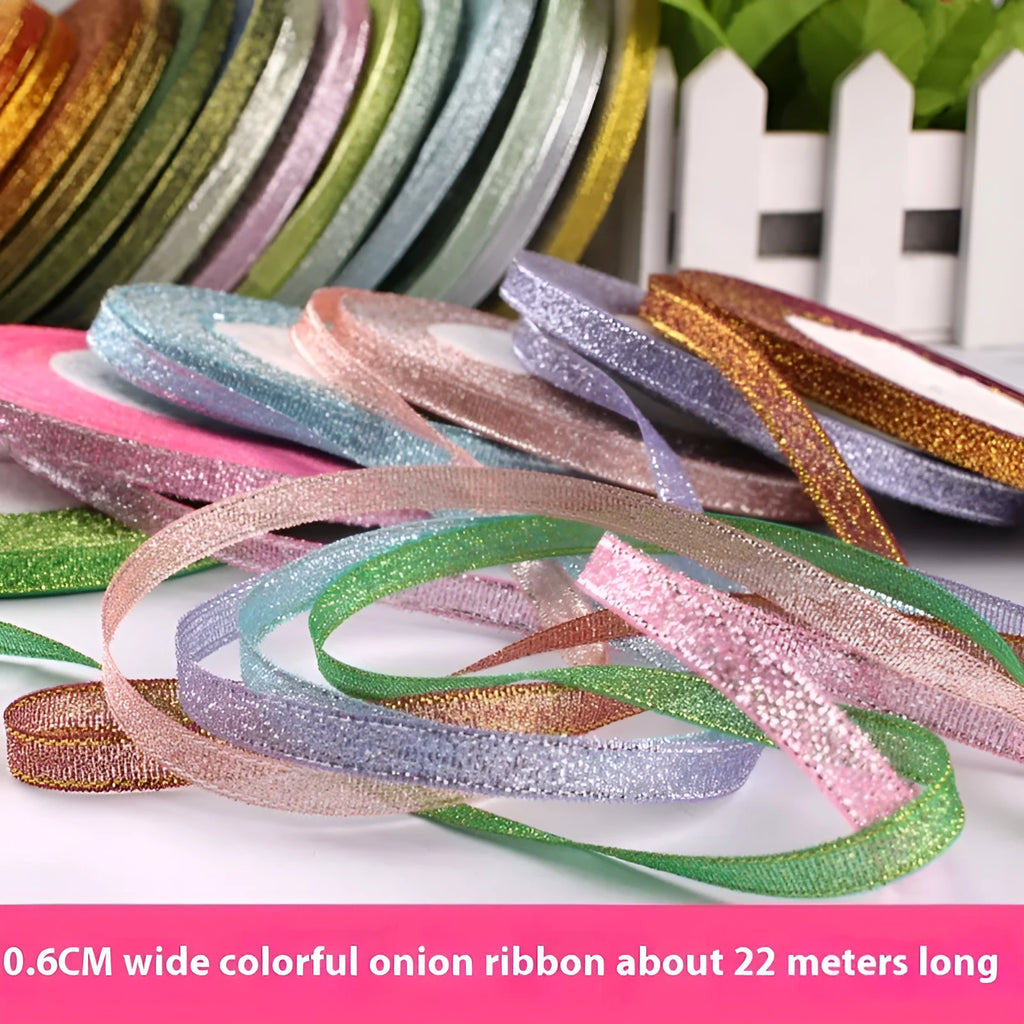 Roll of narrow 0.6cm wide polyester decorative ribbon in multiple colour options including metallic finishes