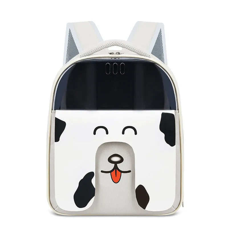 Large capacity PU PVC pet backpack in beige, for outdoor travel with a cat