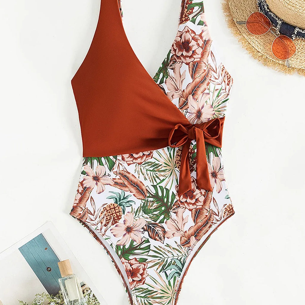 Women's one-piece swimsuit with multicolor tropical plants print, polyester, sizes S-XL