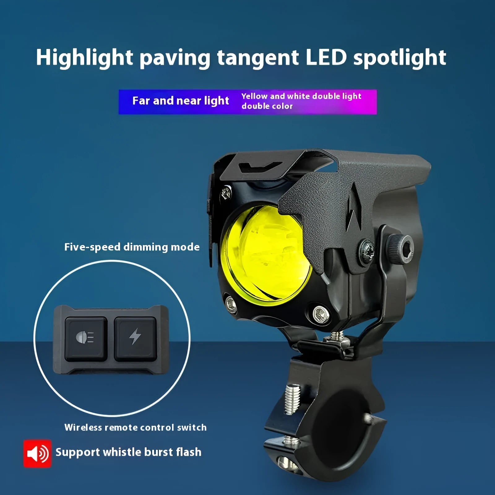 Motorcycle LED spotlight pair with integrated far and near beams and multiple switch options