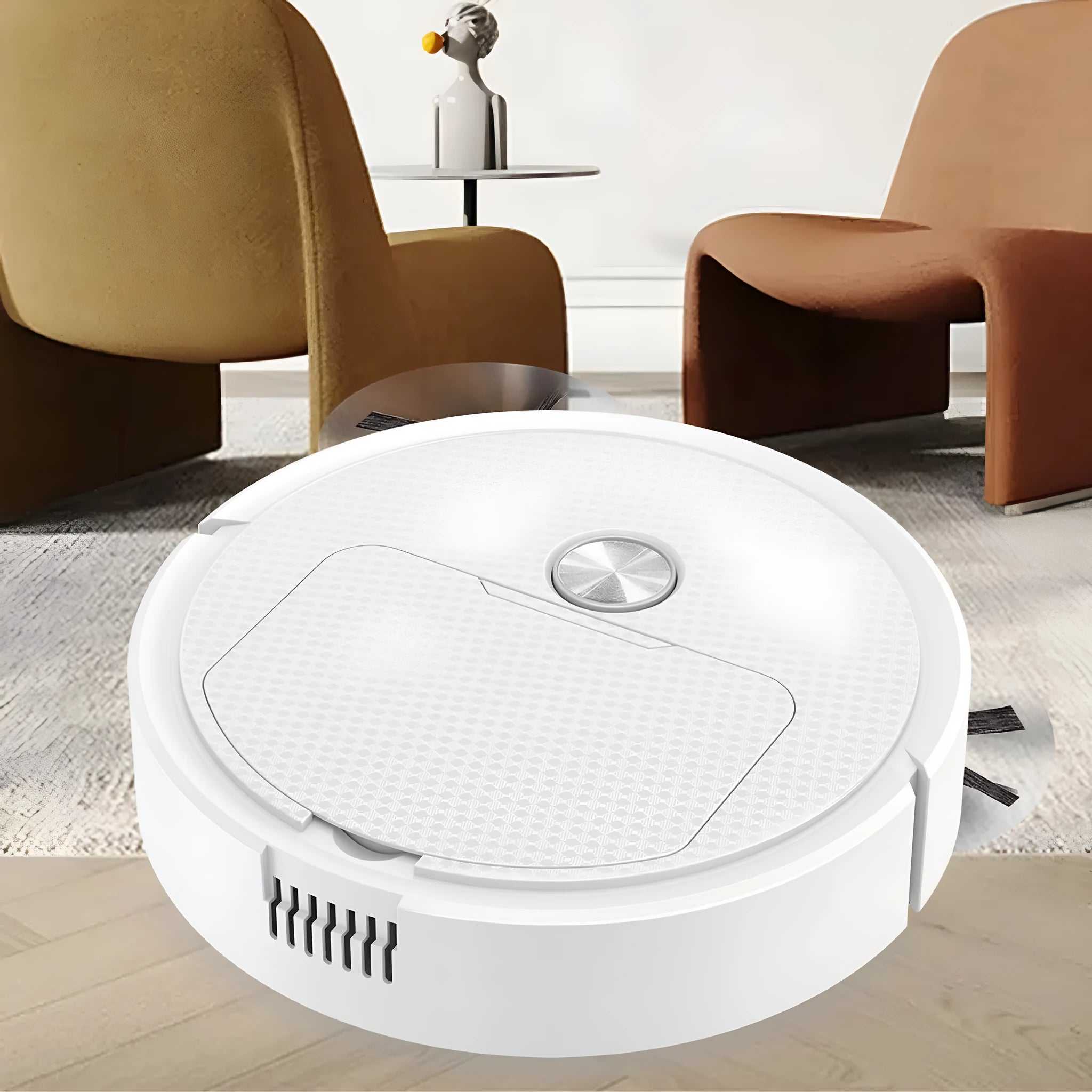 Intelligent sweeping robot, three-in-one, 22x22x6.2cm, black colour, on hardwood floor