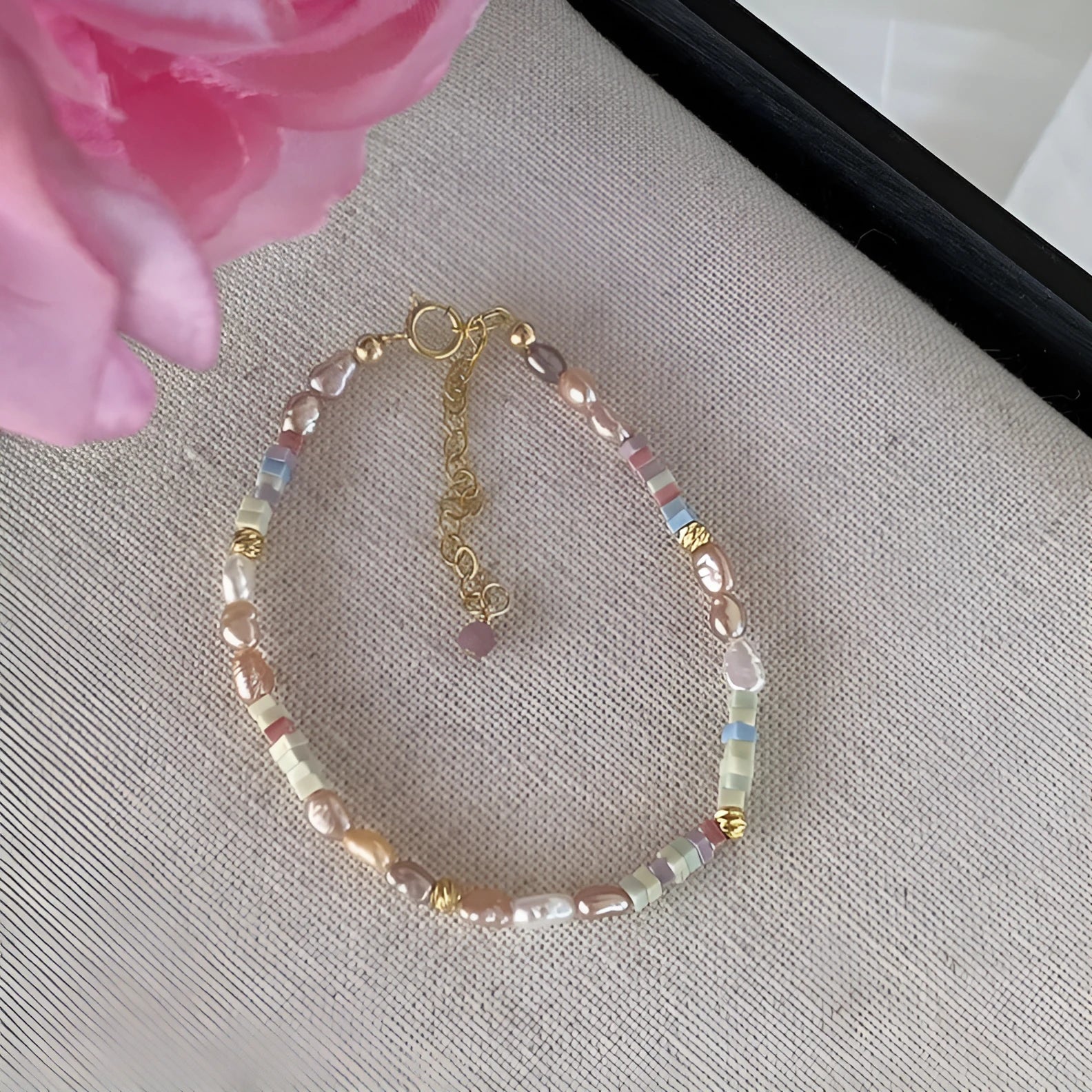 Mini irregular natural pearl bracelet and necklace set with 14K gilded purple and silver finish
