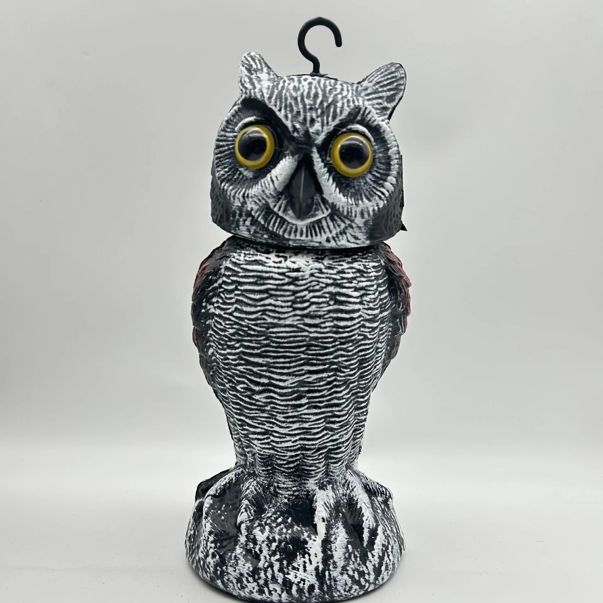 PE plastic artificial owl bird scarer ornament with shaking head, shown in bag-style mounting option.