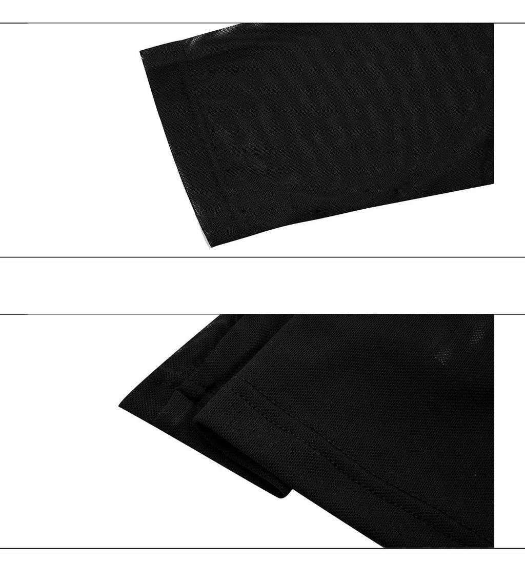 Black mesh slim-fit long sleeve base layer shirt laid flat, showing its texture and cut.