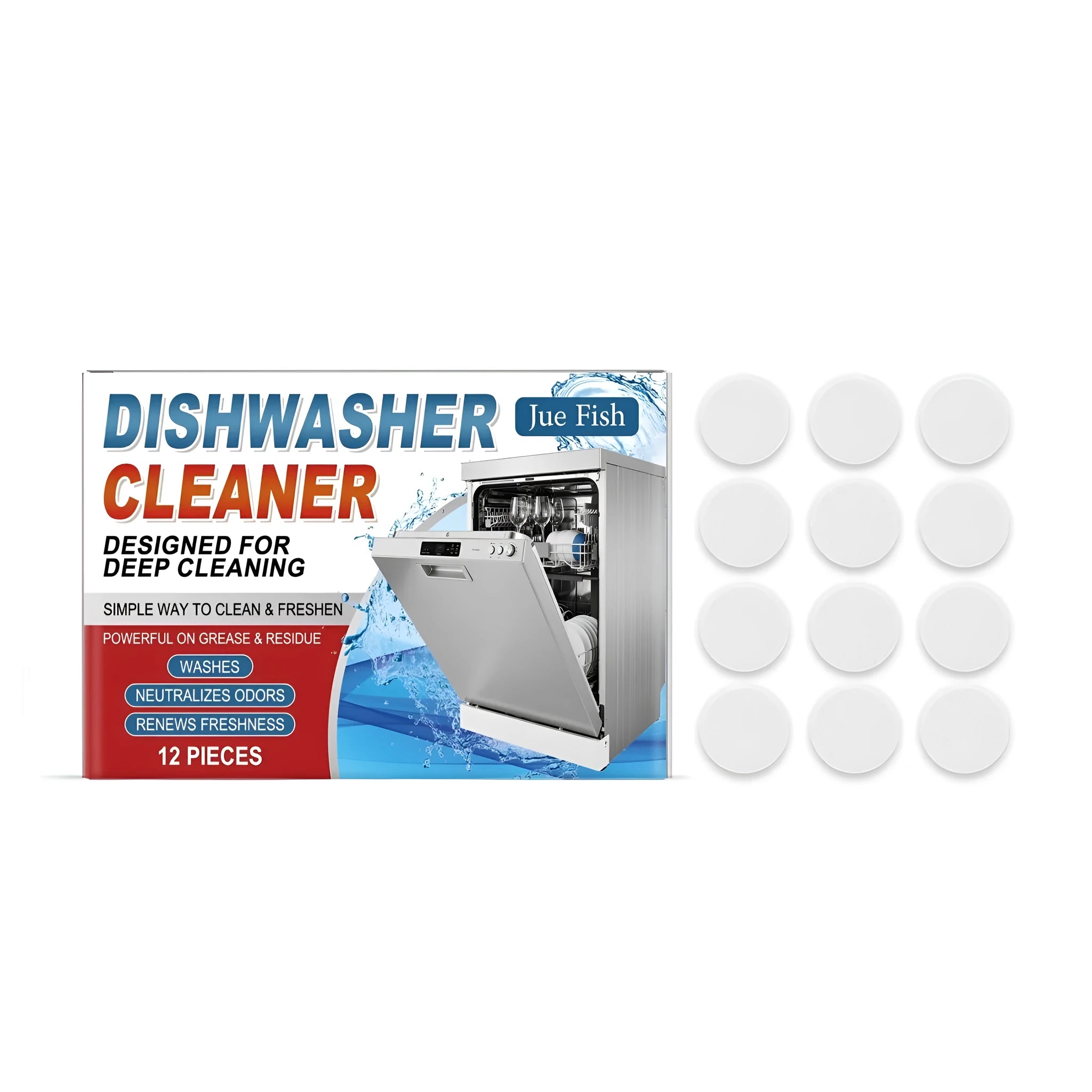 Pack of 12 dishwasher cleaning tablets for appliance maintenance.