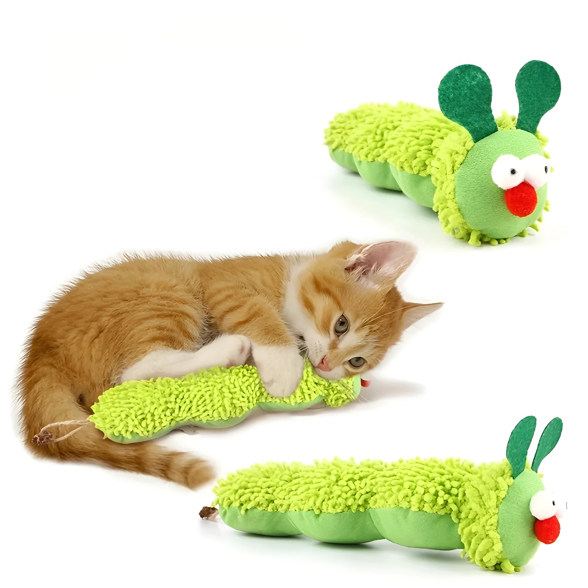 Green fleece interactive rechargeable cat toy pillow on a white background