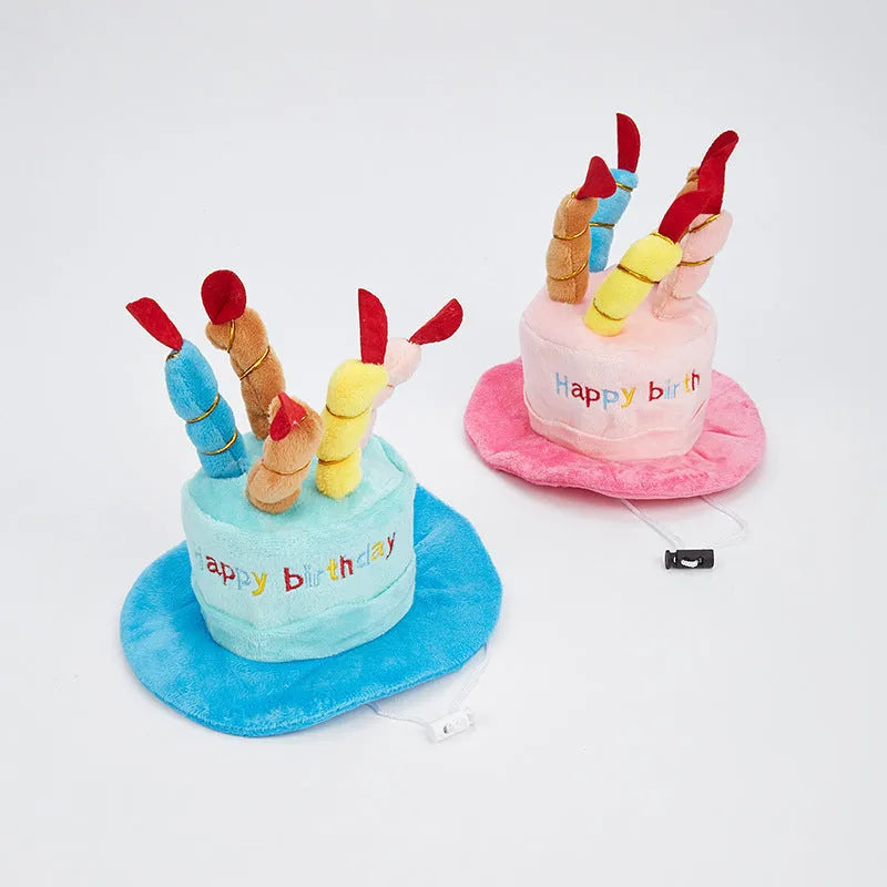 Small dog birthday hat in soft fabric with elastic band, blue and pink colour options