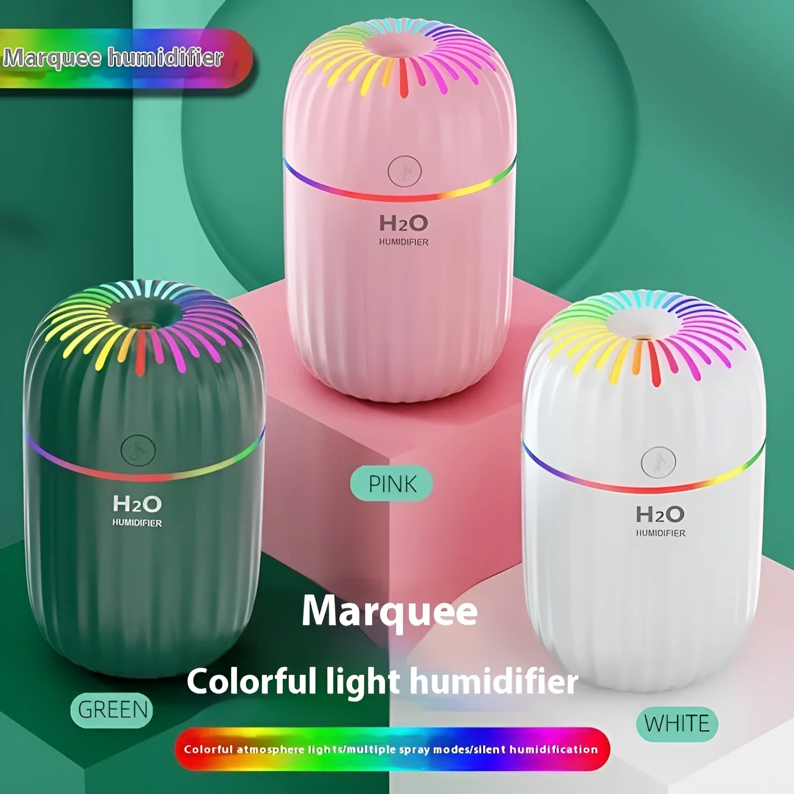 Mini USB-powered humidifier with animal design in green colour, showing compact size and data cable connection