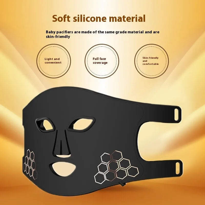 Black LED photon therapy face mask with neck treatment capability and adjustable settings