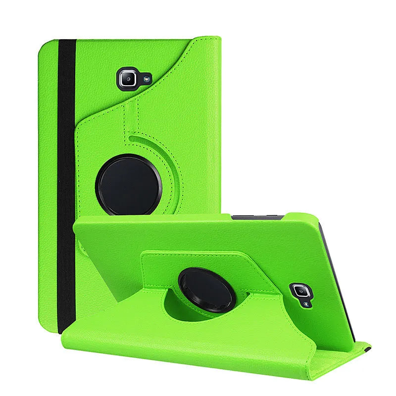 Rotating leather tablet case in clamshell design showing 360-degree mechanism and litchi grain texture
