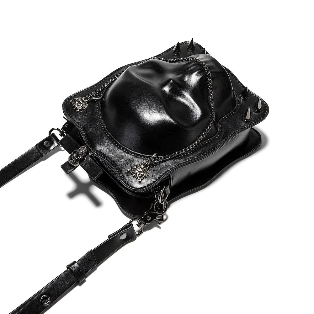 Black mini square crossbody bag with skull gothic design, stitching, rivets and chains on PU leather