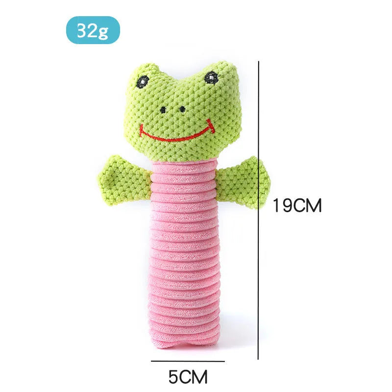 Squeaky stuffed animal dog chew toy measuring 19cm by 5cm for dental cleaning