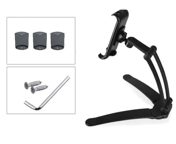 Silver aluminum alloy tablet stand with white mount holding tablet at adjustable angle