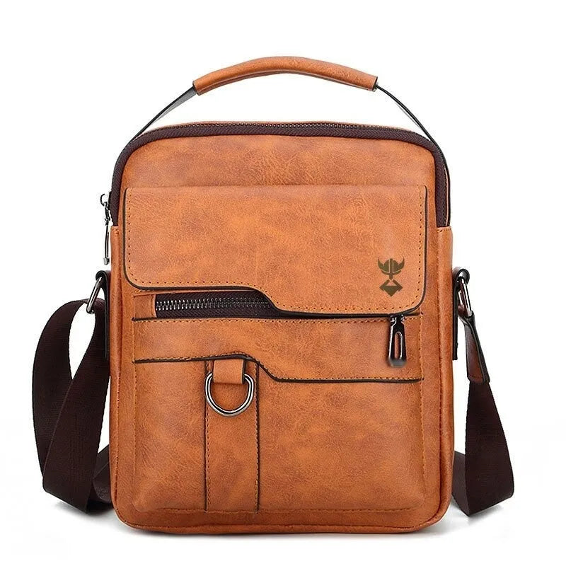 Khaki coloured PU leather men's messenger bag with adjustable strap, shown with zipper open.