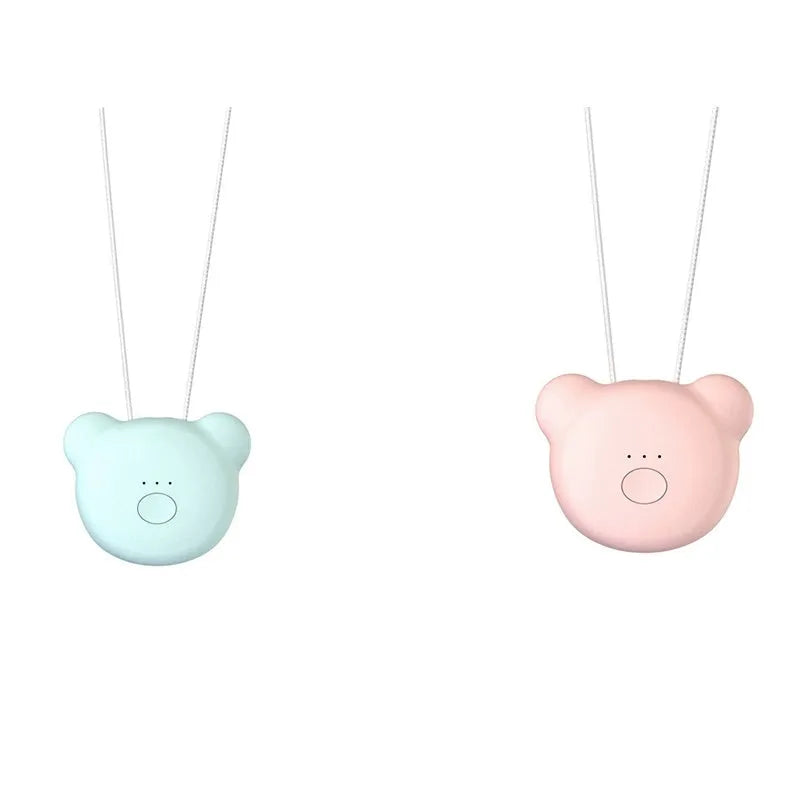 Mini USB portable air purifier necklace in collar design shown in blue, grey, pink and white colours.