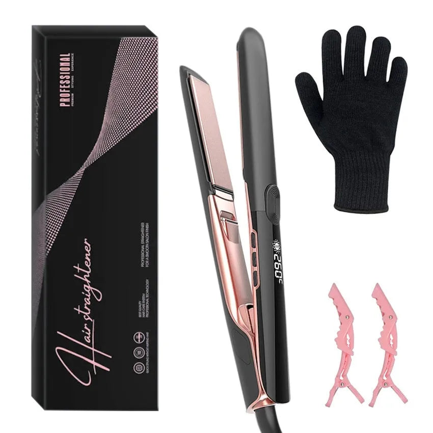 White ceramic hair straightener with temperature display showing 207°C setting