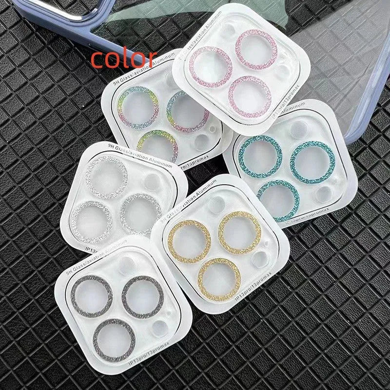 Tempered glass integrated lens protector with rhinestone glitter finish for Apple iPhone camera