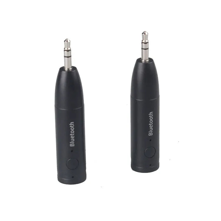 Black car Bluetooth audio receiver with USB cable for wireless music streaming to AUX stereo systems