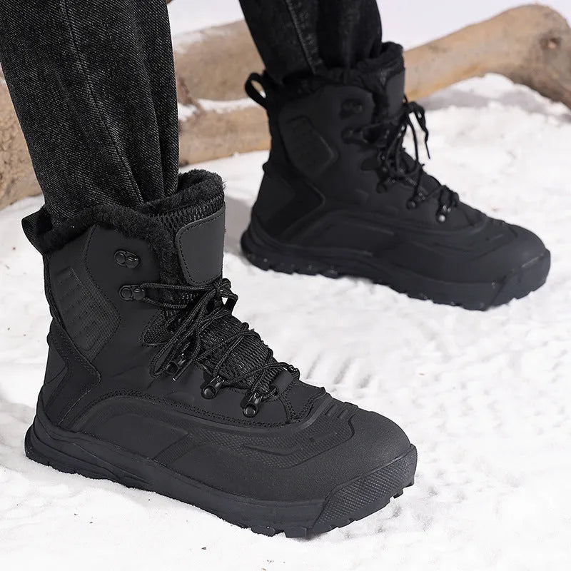 Men's black fleece-lined high-top boots with flat heel and lace-up front.