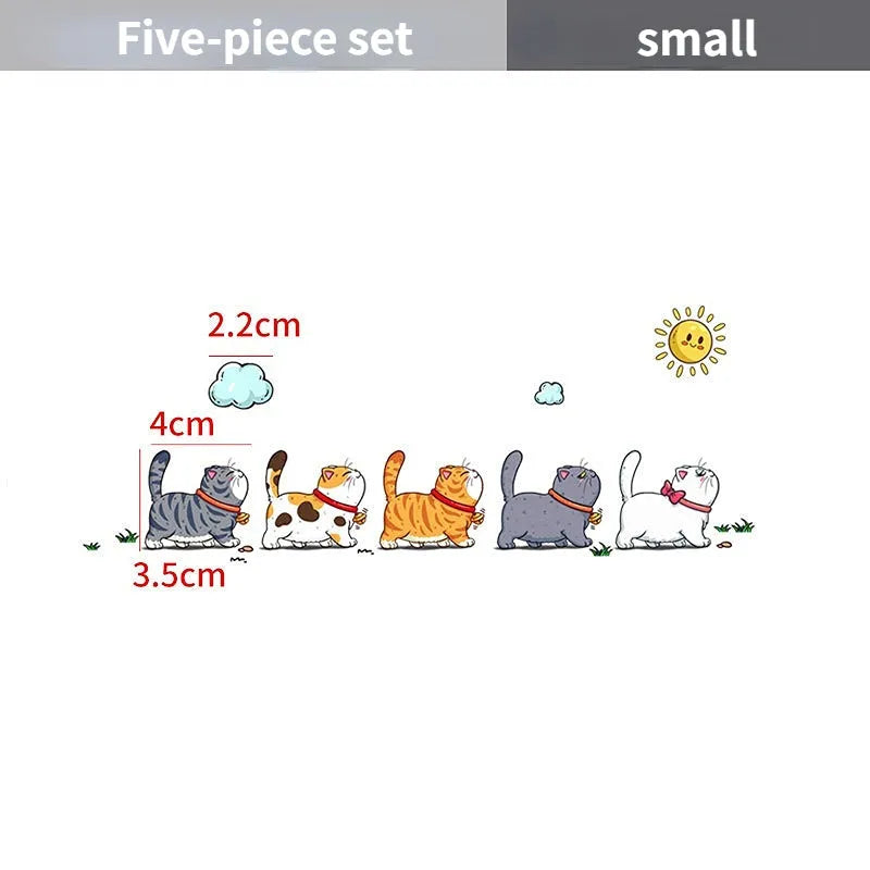Waterproof PVC car sticker decal showing a design of five cats walking, available in three sizes.