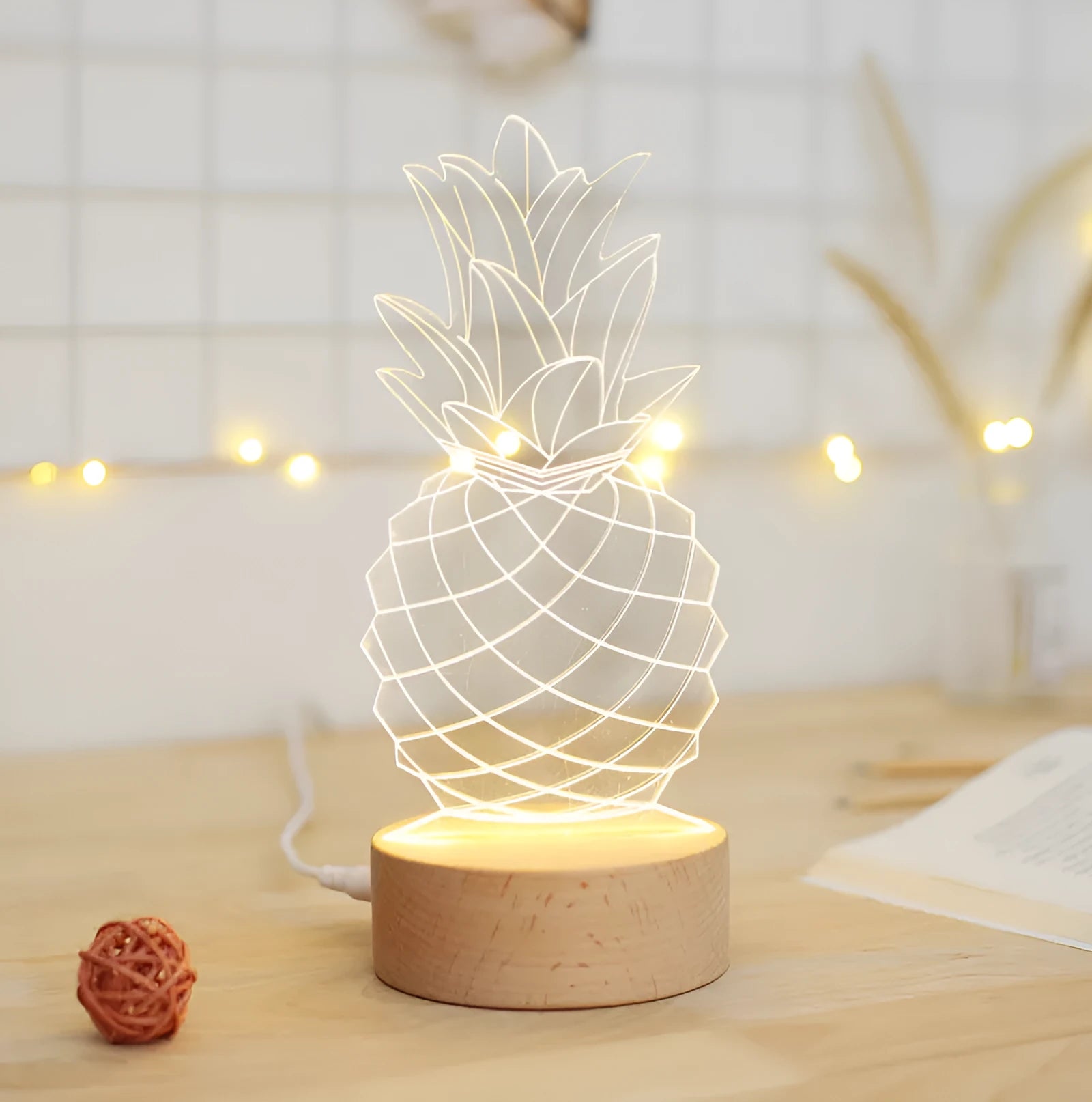Cartoon pineapple shaped bedside table lamp with wood base and acrylic top, showing dimmer controls