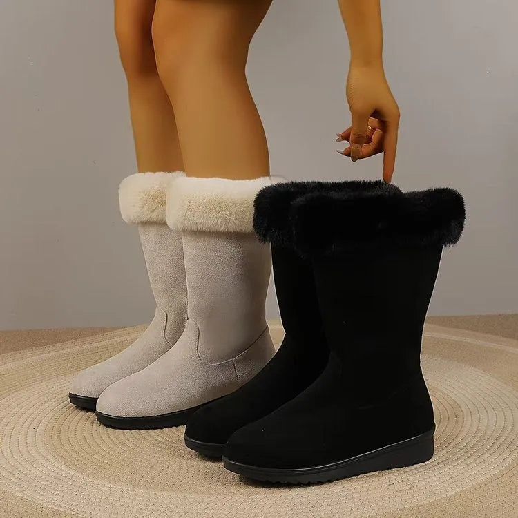 Fleece-lined mid-calf snow boots with waterproof platform, flat heel, round toe, beige and black colours