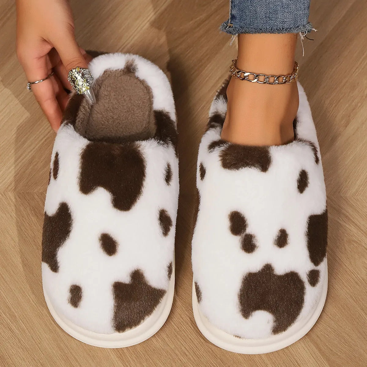 Cow spotted plush slippers with non-slip sole, available in black brown coffee pink for women and men