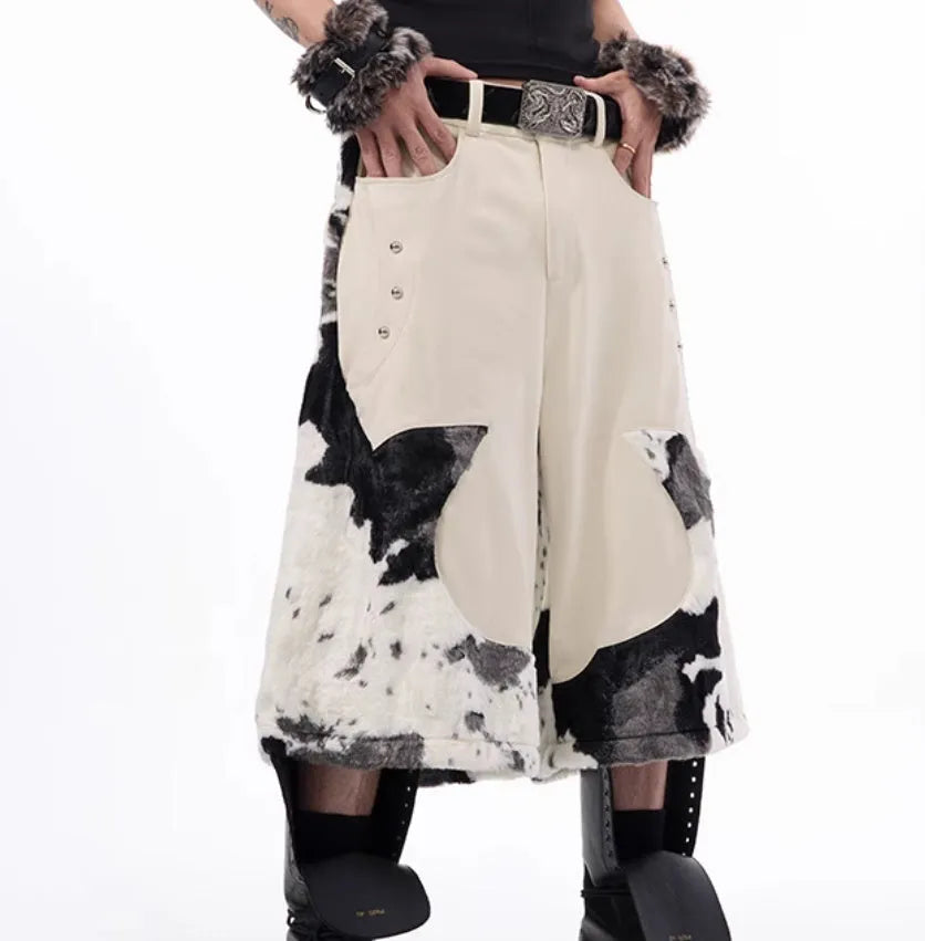 Milk fibre blend cropped trousers with fur stitching in a fashionable city style, showing personalised checkered and striped pattern options.