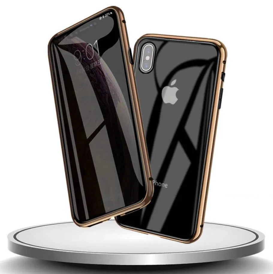 Glass anti-spy clamshell case for iPhone in multiple colours showing geometric pattern