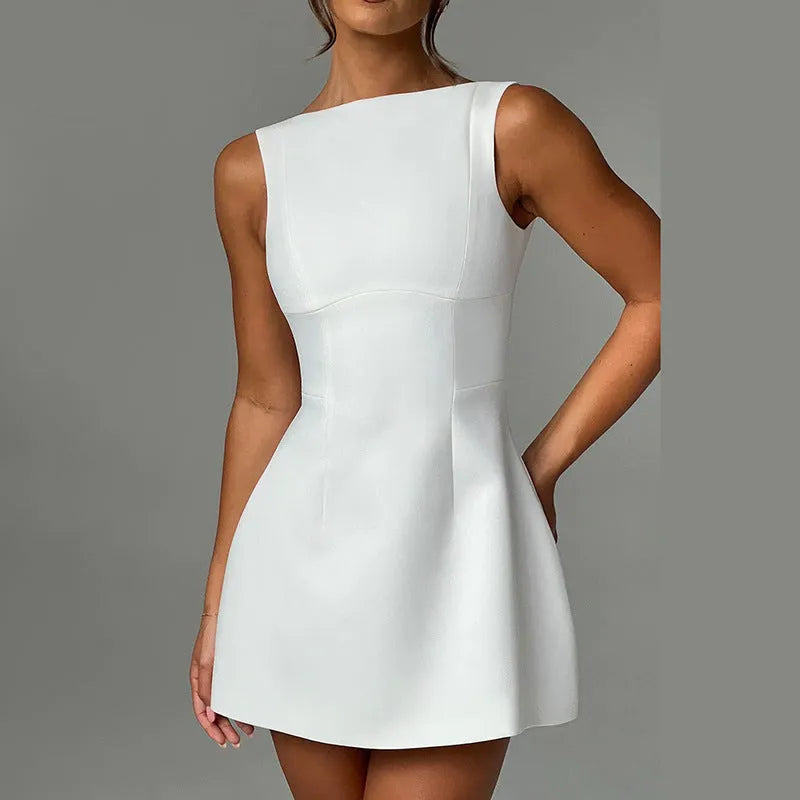 Women's slim-fitting backless sleeveless short summer dress in polyester fabric.