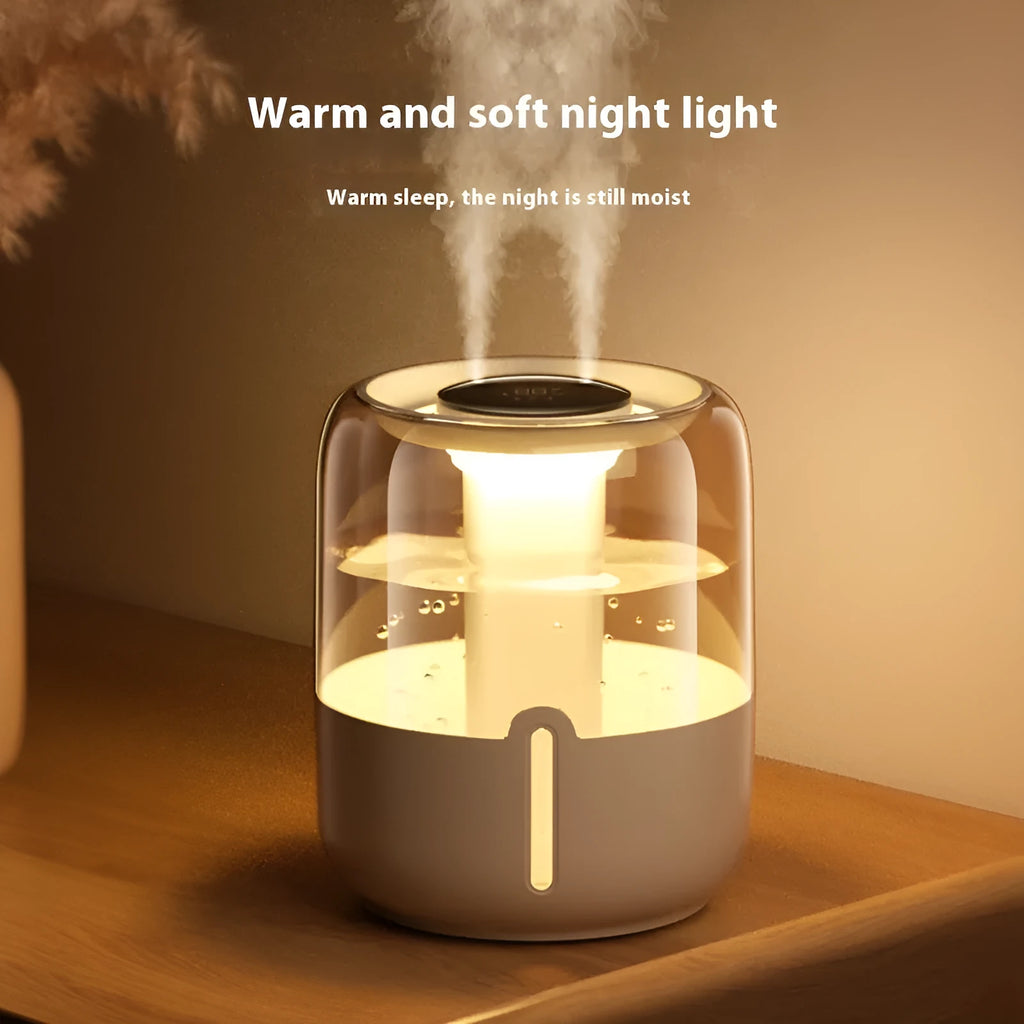 Beige round large capacity USB humidifier with dual spray nozzles and digital display