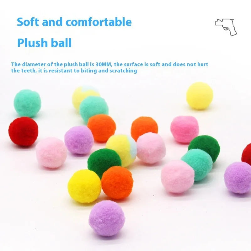 30cm pet toy launch gun with assortment of colourful 3cm plush yarn balls for dogs and cats