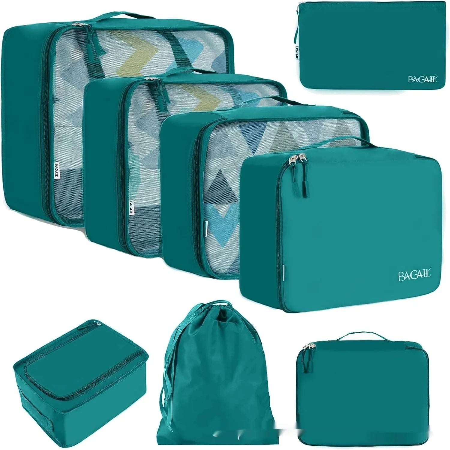 Set of eight cubic-shaped travel packing bags in assorted colours including beige, black, pink, and leopard print patterns.