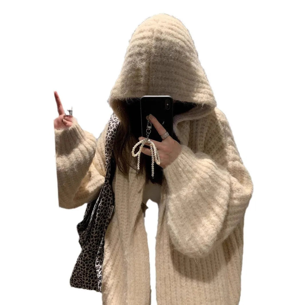 Brown women's loose-fit hooded sweater cardigan with regular sleeves on a hanger