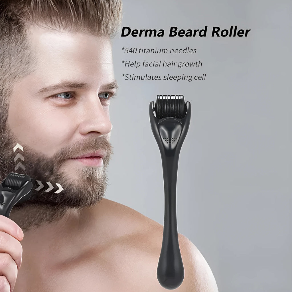 Black and purple derma rollers with titanium microneedles, showing size options from 0.2mm to 1.0mm.