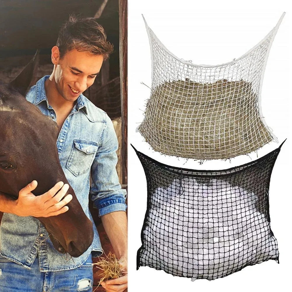 Black woven grid hanging feeding bag for horses and cattle, showing the PE rope construction.