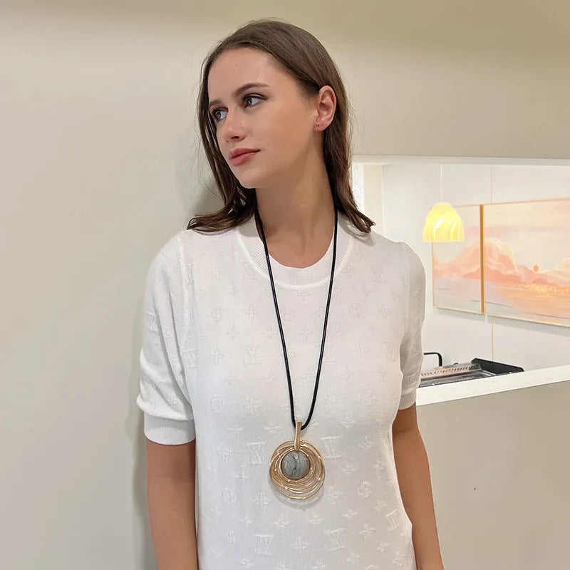 Women's gold geometric plaid alloy pendant necklace on snakeskin wax rope chain with adjustable 51-80cm length