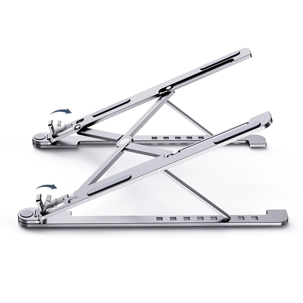 Foldable aluminium laptop stand in silver showing adjustable height mechanism and compact folded size