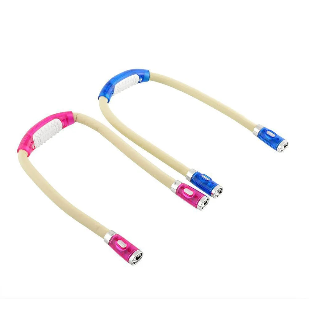Flexible neck hug book light with LED reading lamp in three colour options: black, blue, green, and red on a table